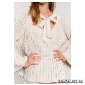 POL Chenille Beige Tie Neck Bell Sleeve Oversized Sweater Size Large